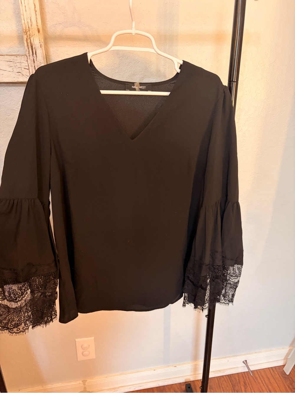 Nine West Black V-Neck Blouse with Lace Bell Sleeves